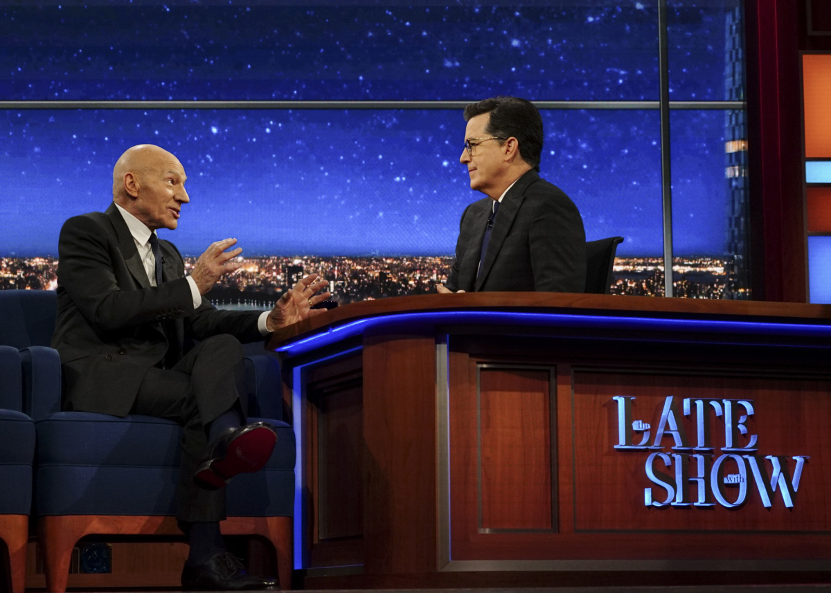 The Late Show with Stephen Colbert airing Wednesday, March 1, 2017 with Patrick Stewart, Chris Colfer and Roy Wood Jr. Pictured L-R: Patrick Stewart and Stephen Colbert. Photo: Gail Schulman/CBS ©2017 CBS Broadcasting Inc. All Rights Reserved