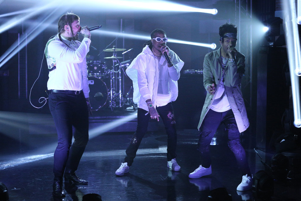 LATE NIGHT WITH SETH MEYERS -- Episode 507 -- Pictured: (l-r) Musical guest Post Malone, Quavo and Metro Boomin perform on March 23, 2017 -- (Photo by: Lloyd Bishop/NBC)