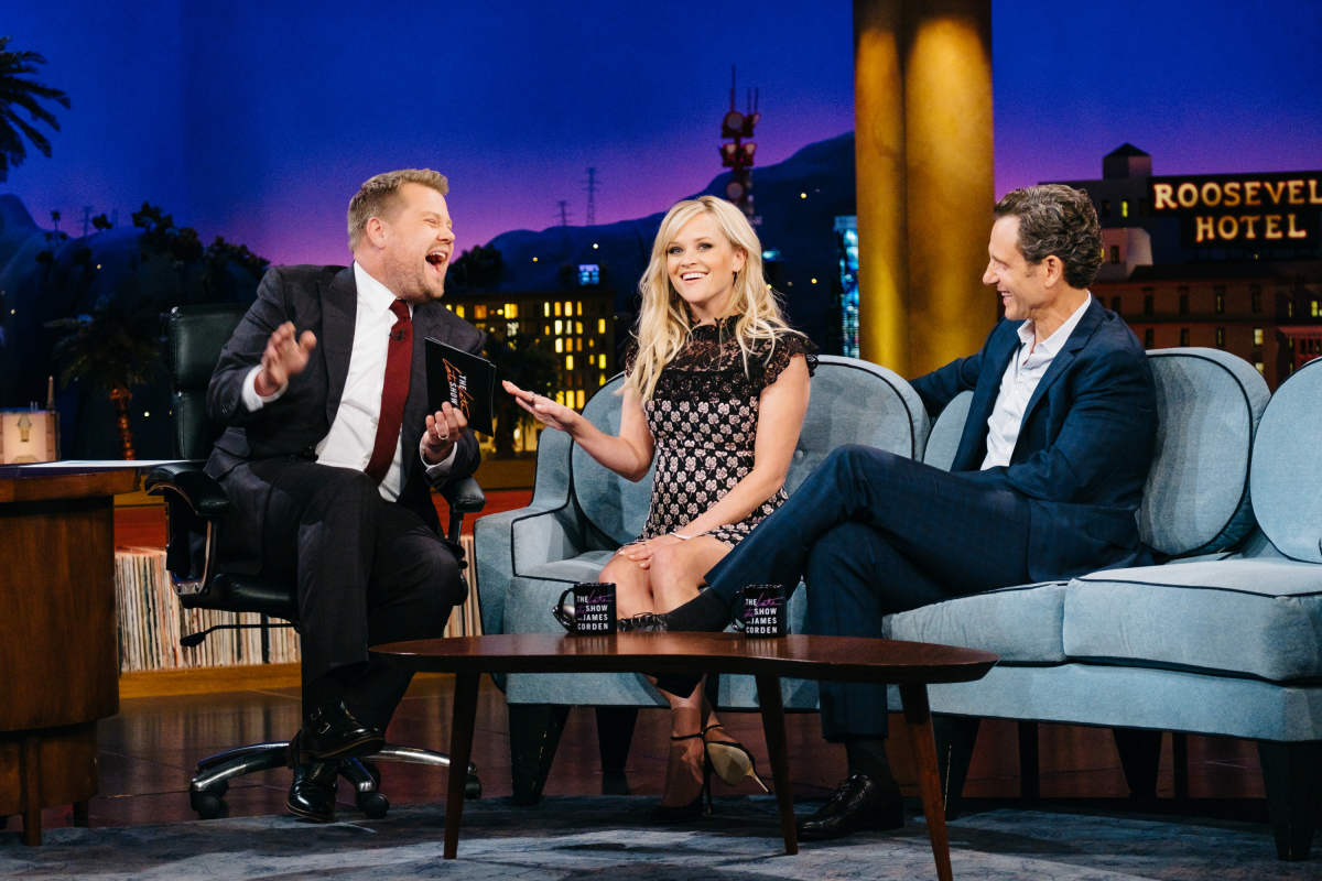 Reese Witherspoon and Tony Goldwyn chat with James Corden during "The Late Late Show with James Corden," Wednesday, March 15, 2017 (12:35 PM-1:37 AM ET/PT) On The CBS Television Network. Photo: Terence Patrick/CBS ©2017 CBS Broadcasting, Inc. All Rights Reserved
