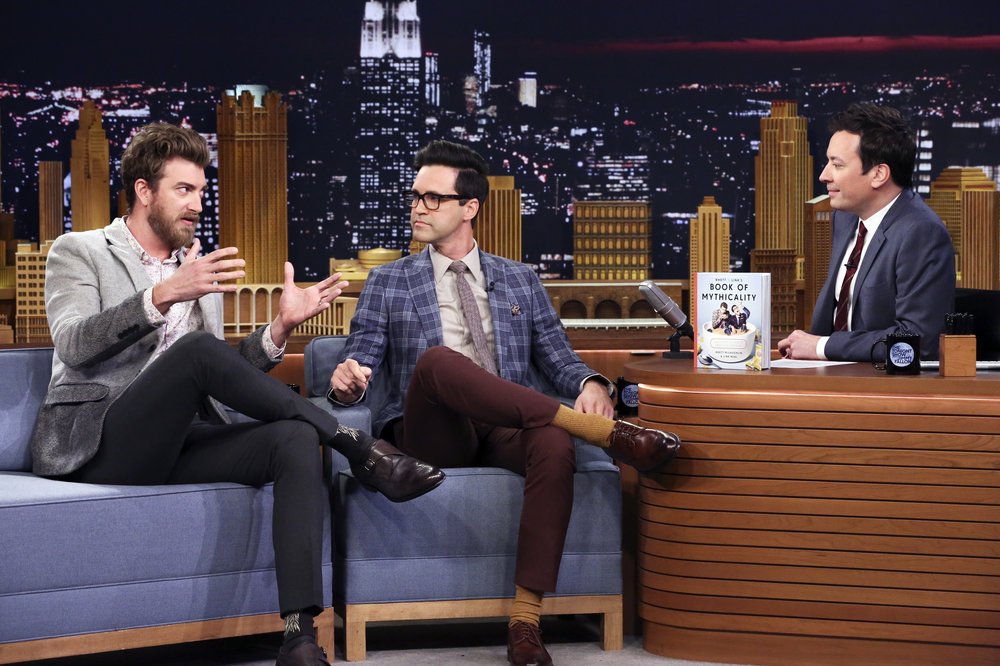 THE TONIGHT SHOW STARRING JIMMY FALLON -- Episode 0645 -- Pictured: (l-r) Comedy duo Rhett & Link during an interview with host Jimmy Fallon on March 23, 2017 -- (Photo by: Andrew Lipovsky/NBC)