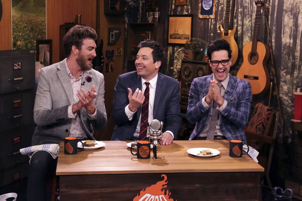 THE TONIGHT SHOW STARRING JIMMY FALLON -- Episode 0645 -- Pictured: (l-r) Comedy duo Rhett & Link with host Jimmy Fallon during "Will It S'more" on March 23, 2017 -- (Photo by: Andrew Lipovsky/NBC)