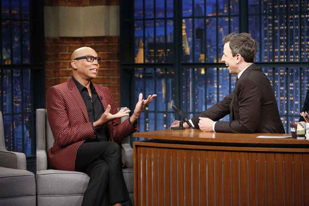 LATE NIGHT WITH SETH MEYERS -- Episode 498 -- Pictured: (l-r) RuPaul during an interview with host Seth Meyers on March 1, 2017 -- (Photo by: Lloyd Bishop/NBC)
