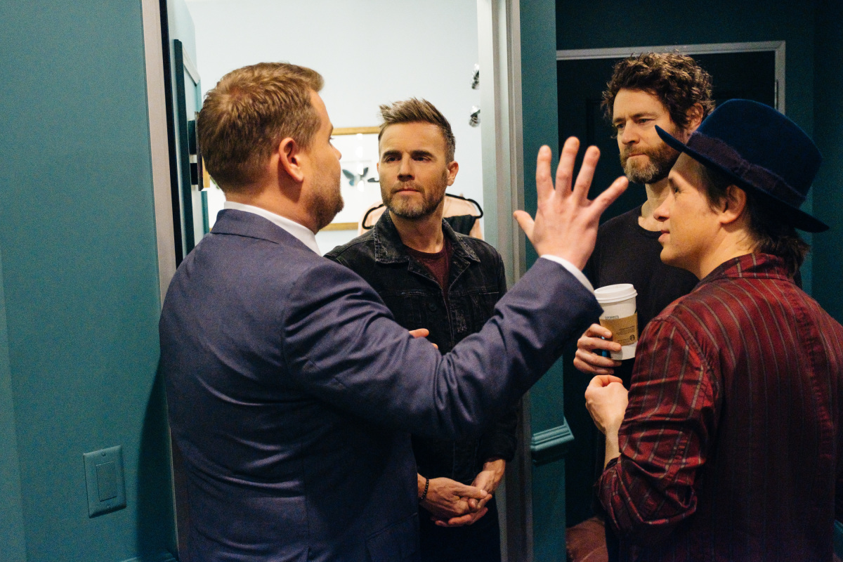 James Corden chats with musical guest Take That during "The Late Late Show with James Corden," Tuesday, January 24, 2017 (12:35 PM-1:37 AM ET/PT) On The CBS Television Network. Photo: Terence Patrick/CBS ©2017 CBS Broadcasting, Inc. All Rights Reserved