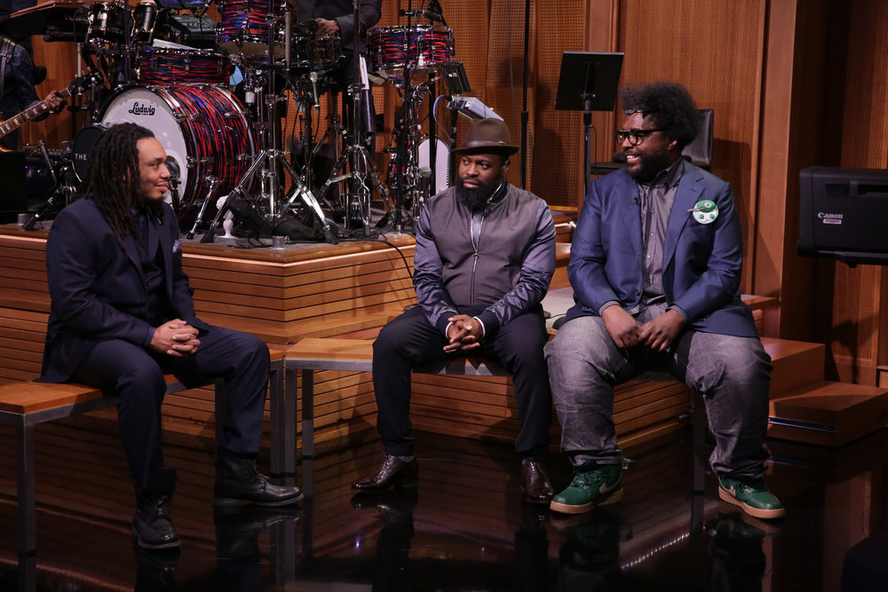 THE TONIGHT SHOW STARRING JIMMY FALLON -- Episode 639 -- Pictured: (l-r) Mark Kelley, Black Thought and Questlove of 'The Tonight Show' band during a sketch on March 14, 2017 -- (Photo by: Andrew Lipovsky/NBC)