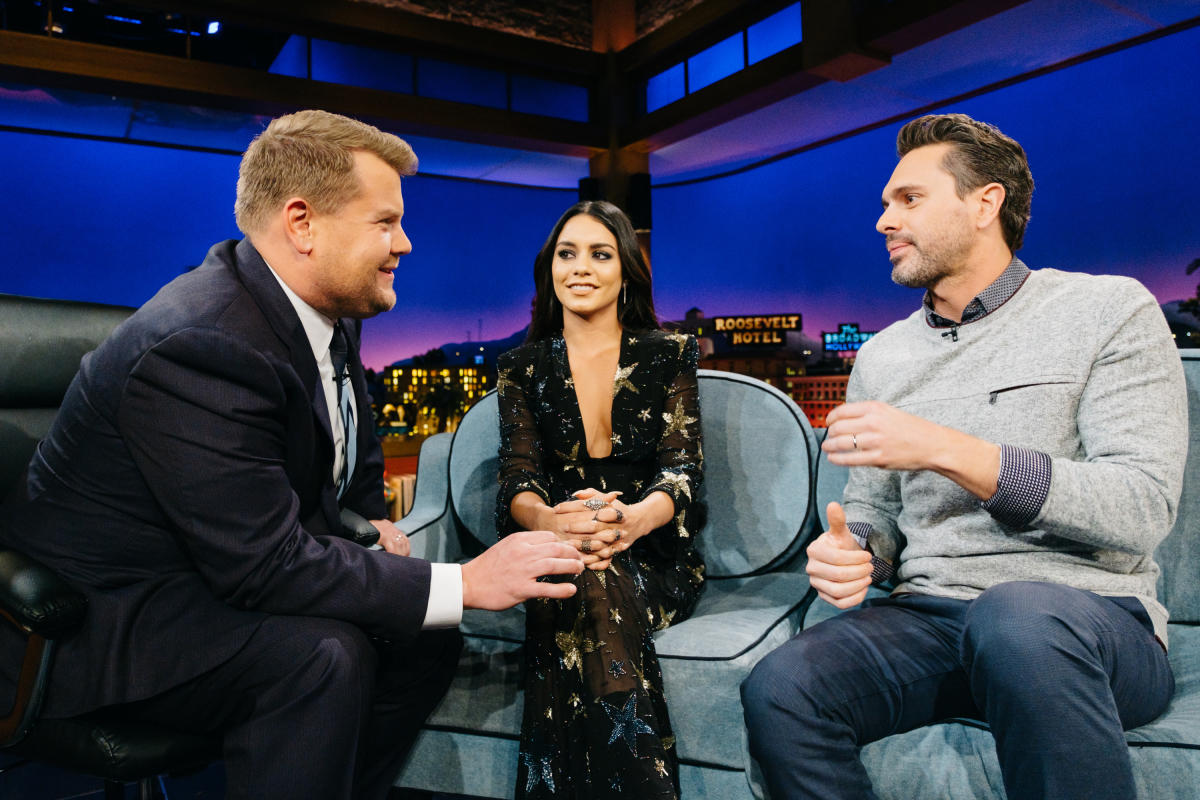 Vanessa Hudgens and Thomas Sadoski chat with James Corden during "The Late Late Show with James Corden," Thursday, March 16, 2017 (12:35 PM-1:37 AM ET/PT) On The CBS Television Network. Photo: Terence Patrick/CBS ©2017 CBS Broadcasting, Inc. All Rights Reserved