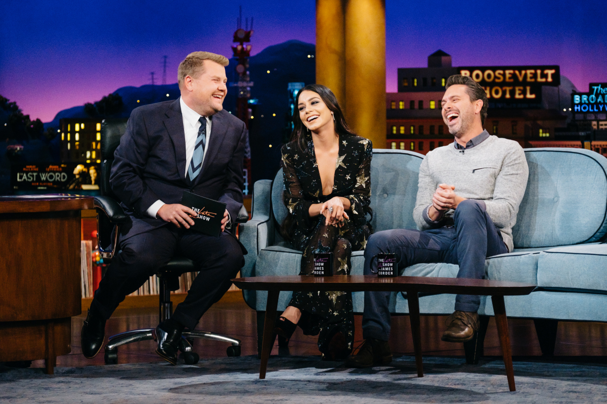 Vanessa Hudgens and Thomas Sadoski chat with James Corden during "The Late Late Show with James Corden," Thursday, March 16, 2017 (12:35 PM-1:37 AM ET/PT) On The CBS Television Network. Photo: Terence Patrick/CBS ©2017 CBS Broadcasting, Inc. All Rights Reserved