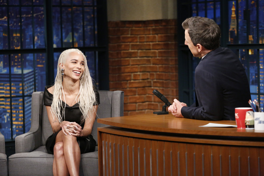 LATE NIGHT WITH SETH MEYERS -- Episode 501 -- Pictured: (l-r) Singer/actress Zoë Kravitz during an interview with host Seth Meyers on March 14, 2017 -- (Photo by: Lloyd Bishop/NBC)