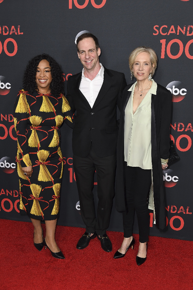 SCANDAL - The cast of “Scandal” attended a 100th episode celebration in West Hollywood, CA. The 100th episode, entitled "The Decision,” airs THURSDAY, APRIL 13 (9:01-10:00 p.m. EST), on the ABC Television Network. (ABC/Todd Wawrychuk) SHONDA RHIMES, PATRICK MORAN (PRESIDENT, ABC STUDIOS), BETSY BEERS