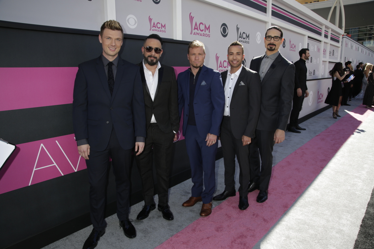 The Backstreet Boys pose for a photograph on the red carpet for THE 52ND ACADEMY OF COUNTRY MUSIC AWARDS®, scheduled to air LIVE from T-Mobile Arena in Las Vegas Sunday, April 2 (live 8:00-11:00 PM, ET/delayed PT) on the CBS Television Network. Photo: Michele Crowe/CBS ©2017 CBS Broadcasting, Inc. All Rights Reserved