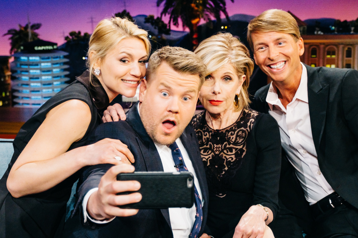 Claire Danes, Christine Baranski, and Jack McBrayer chat with James Corden during "The Late Late Show with James Corden," Tuesday, April 4, 2017 (12:35 PM-1:37 AM ET/PT) On The CBS Television Network. Photo: Terence Patrick/CBS ©2017 CBS Broadcasting, Inc. All Rights Reserved