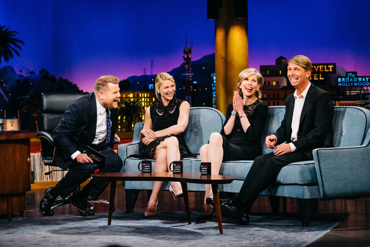Claire Danes, Christine Baranski, and Jack McBrayer chat with James Corden during "The Late Late Show with James Corden," Tuesday, April 4, 2017 (12:35 PM-1:37 AM ET/PT) On The CBS Television Network. Photo: Terence Patrick/CBS ©2017 CBS Broadcasting, Inc. All Rights Reserved