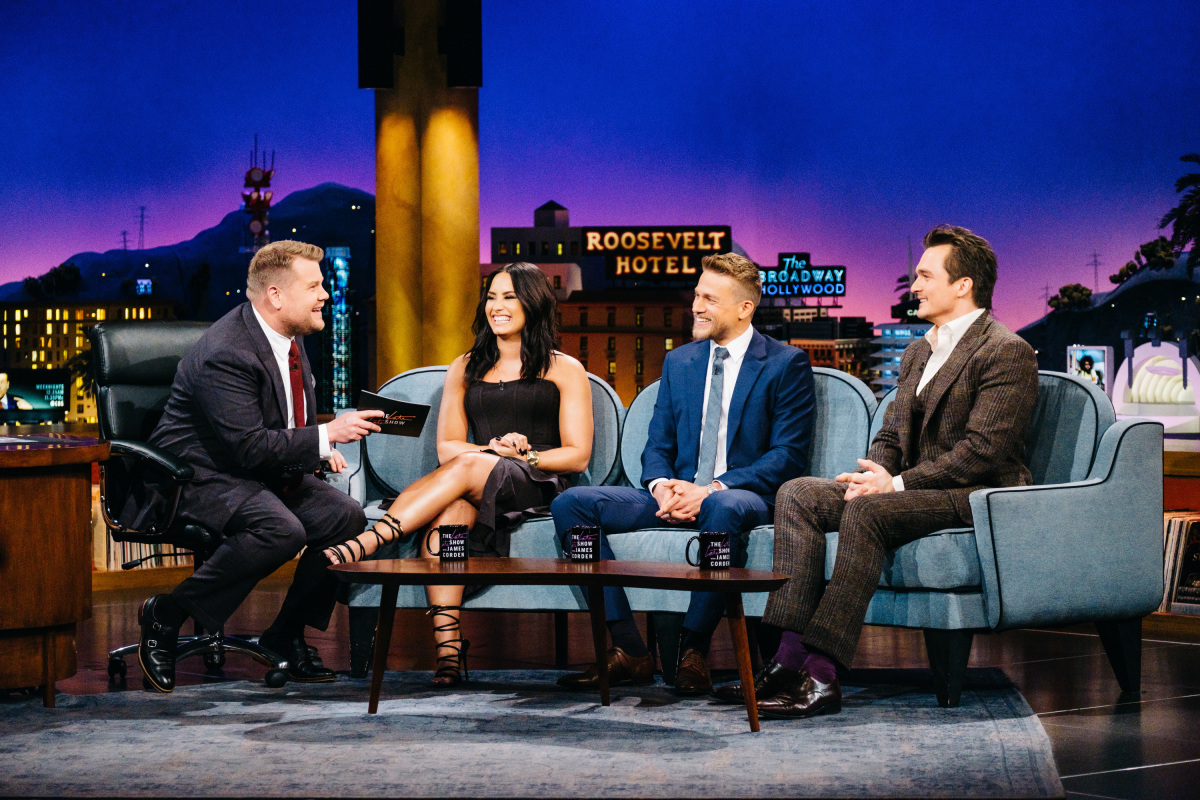 Demi Lovato, Charlie Hunnam, and Rupert Friend chat with James Corden during "The Late Late Show with James Corden," Wednesday, April 5, 2017 (12:35 PM-1:37 AM ET/PT) On The CBS Television Network. Photo: Terence Patrick/CBS ©2017 CBS Broadcasting, Inc. All Rights Reserved