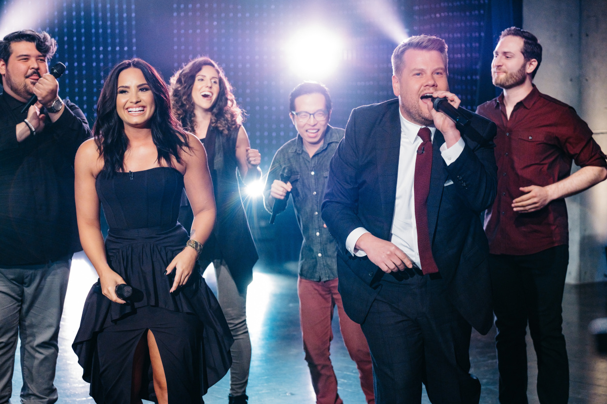 Demi Lovato and a cappella group Level perform the Diva Riff-Off with James Corden during "The Late Late Show with James Corden," Wednesday, April 5, 2017 (12:35 PM-1:37 AM ET/PT) On The CBS Television Network. Photo: Terence Patrick/CBS ©2017 CBS Broadcasting, Inc. All Rights Reserved