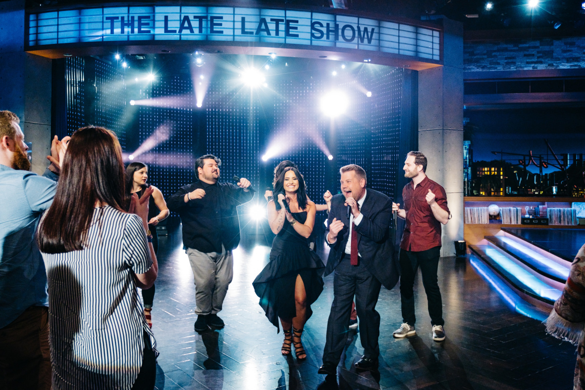 Demi Lovato and a cappella group Level perform the Diva Riff-Off with James Corden during "The Late Late Show with James Corden," Wednesday, April 5, 2017 (12:35 PM-1:37 AM ET/PT) On The CBS Television Network. Photo: Terence Patrick/CBS ©2017 CBS Broadcasting, Inc. All Rights Reserved
