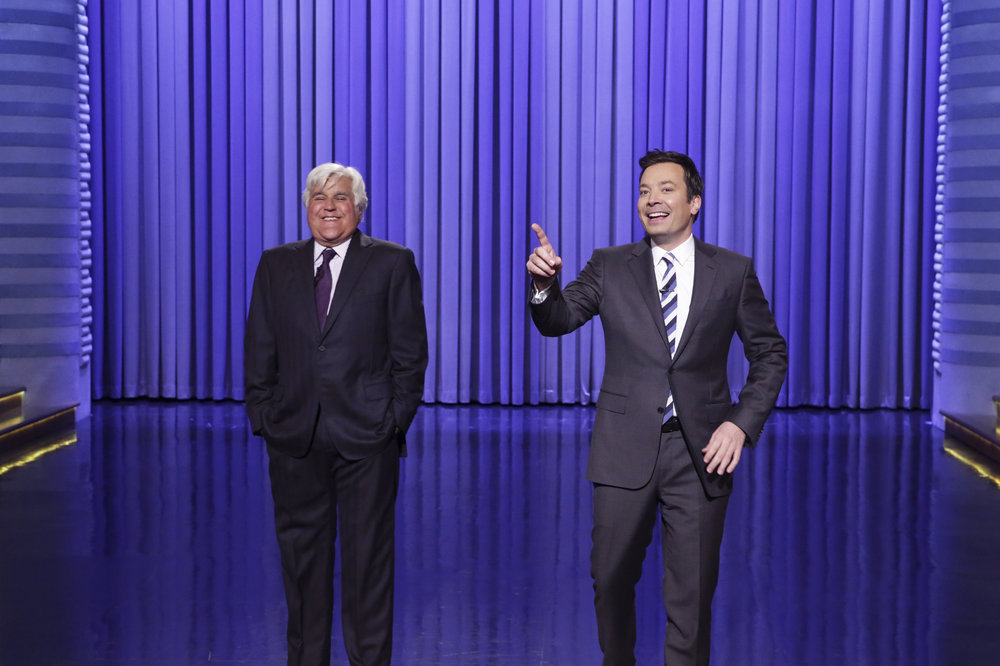 THE TONIGHT SHOW STARRING JIMMY FALLON -- Episode 0654 -- Pictured: (l-r) Comedian Jay Leno and host Jimmy Fallon during the monologue on April 6, 2017 -- (Photo by: Andrew Lipovsky/NBC)