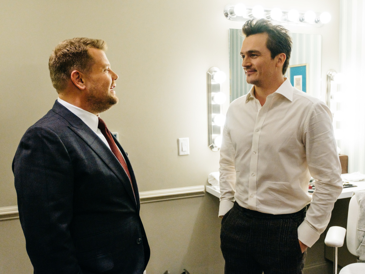Rupert Friend chats in the green room with James Corden during "The Late Late Show with James Corden," Wednesday, April 5, 2017 (12:35 PM-1:37 AM ET/PT) On The CBS Television Network. Photo: Terence Patrick/CBS ©2017 CBS Broadcasting, Inc. All Rights Reserved