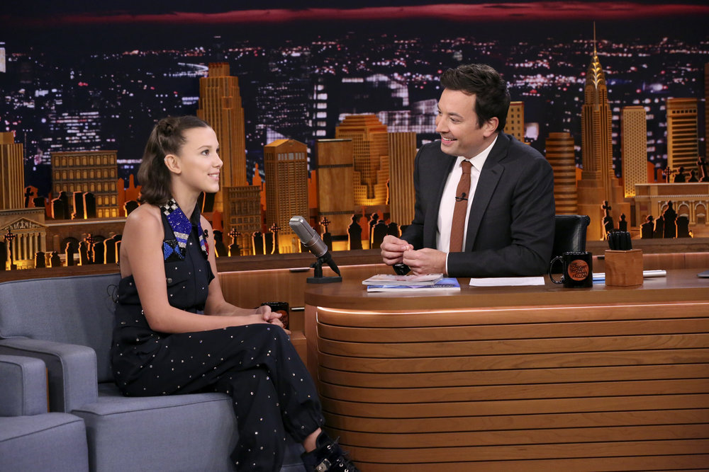 JIMMY FALLON - Episode 0765 - Pictured: (l-r) Actress Millie Bobby Brown du...