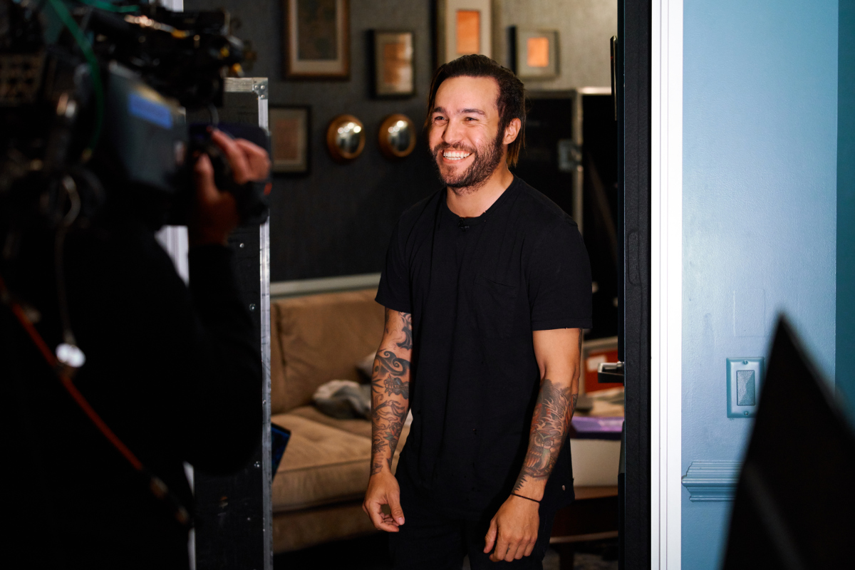 Pete Wentz of Fall Out Boy checks in from the green room with James Corden ...