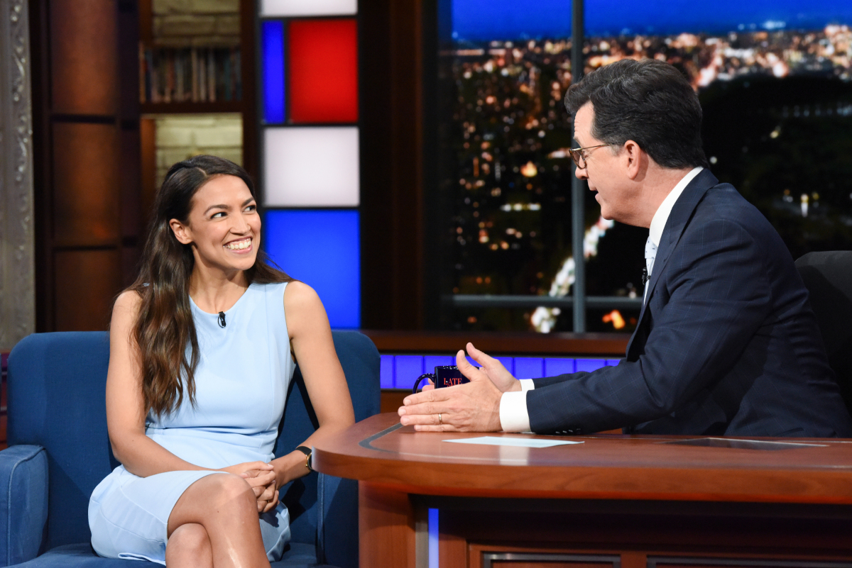 The Late Show with Stephen Colbert and guest Alexandria Ocasio-Cortez durin...