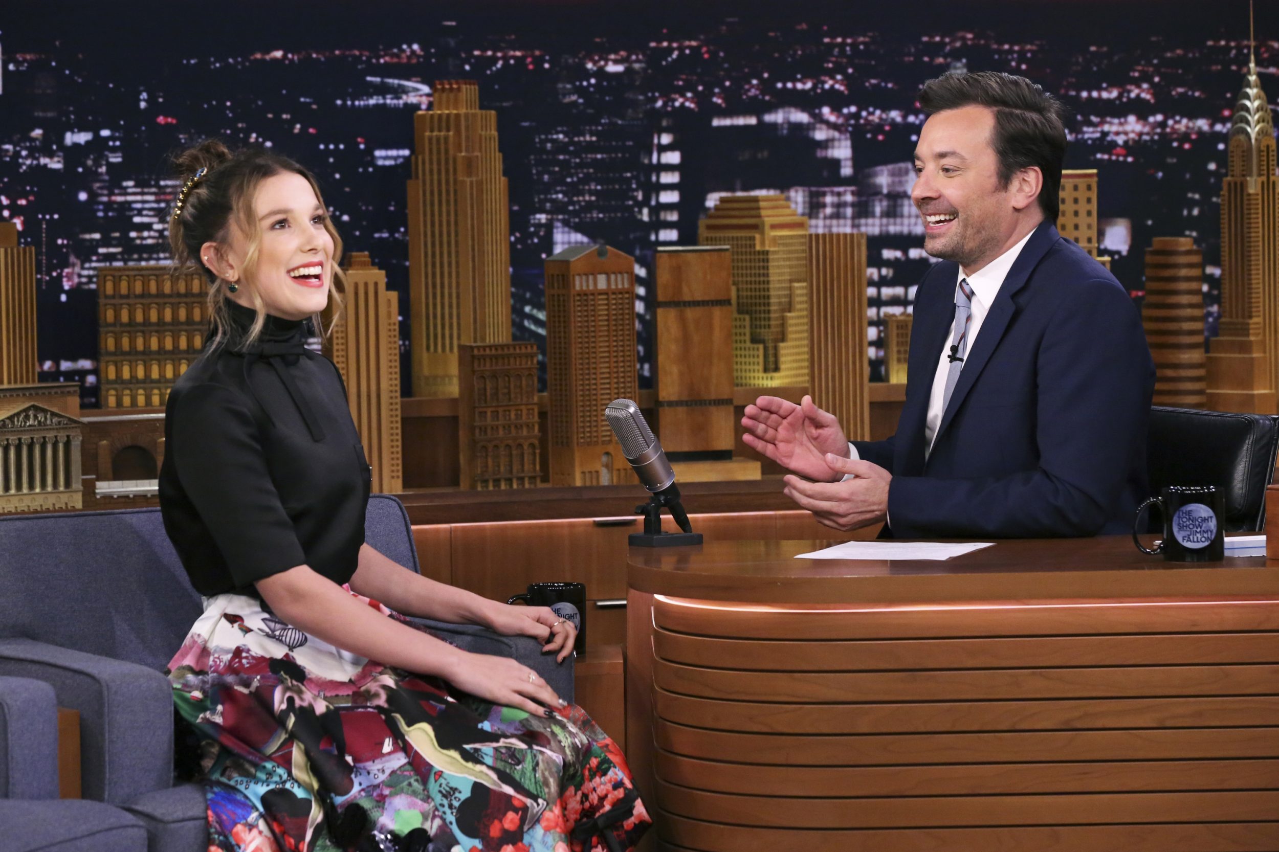 JIMMY FALLON - Episode 1074 - Pictured: (l-r) Actress Millie Bobby Brown du...